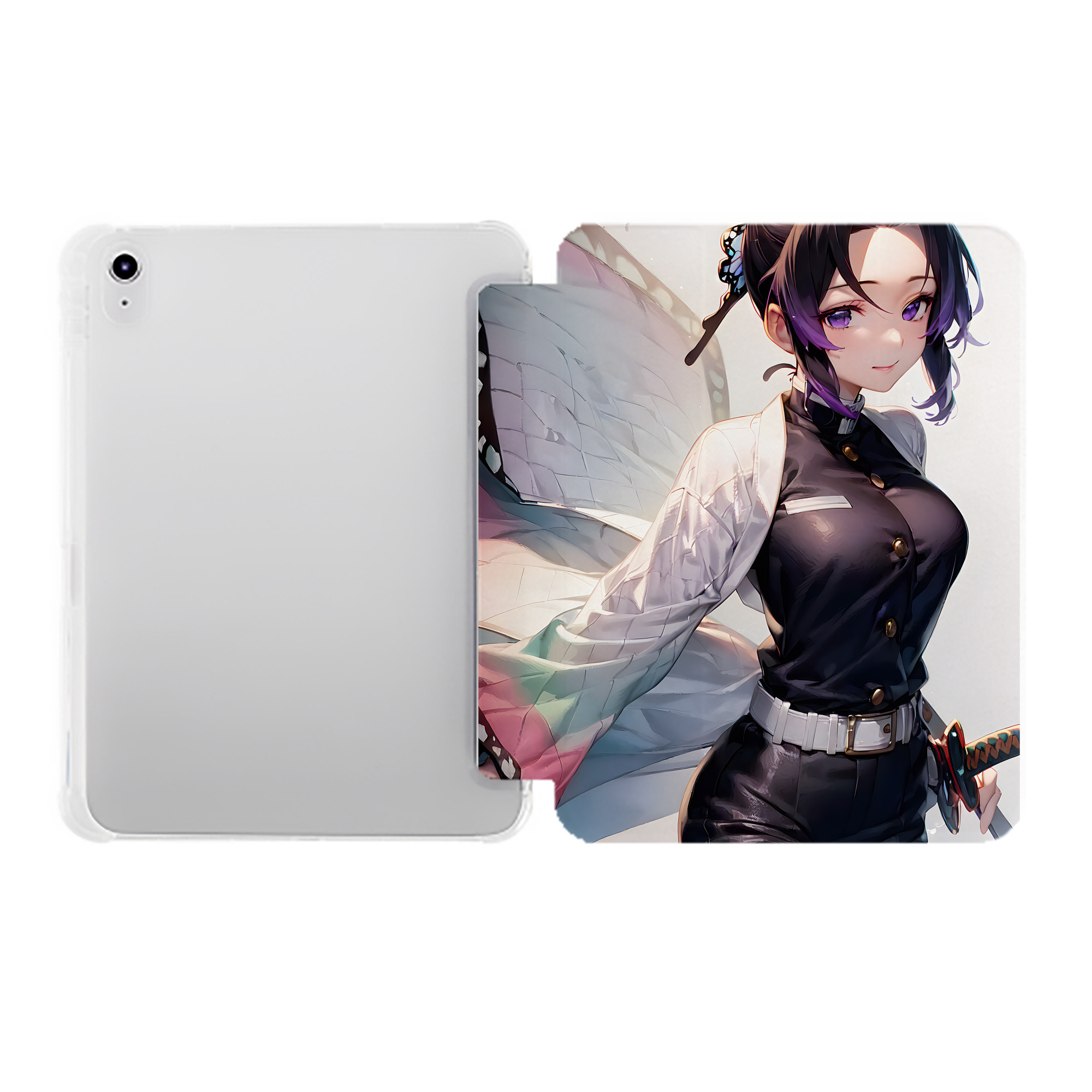 （画像用） 鬼滅の刃（きめつのやいば）蟲柱-胡蝶 しのぶ／こちょう しのぶ Kochou Shinobu IPad ケース ペン収納付き 三つ折りスタンド PUレザー×シリコン 対応機種9.5/10.5/10.9インチ